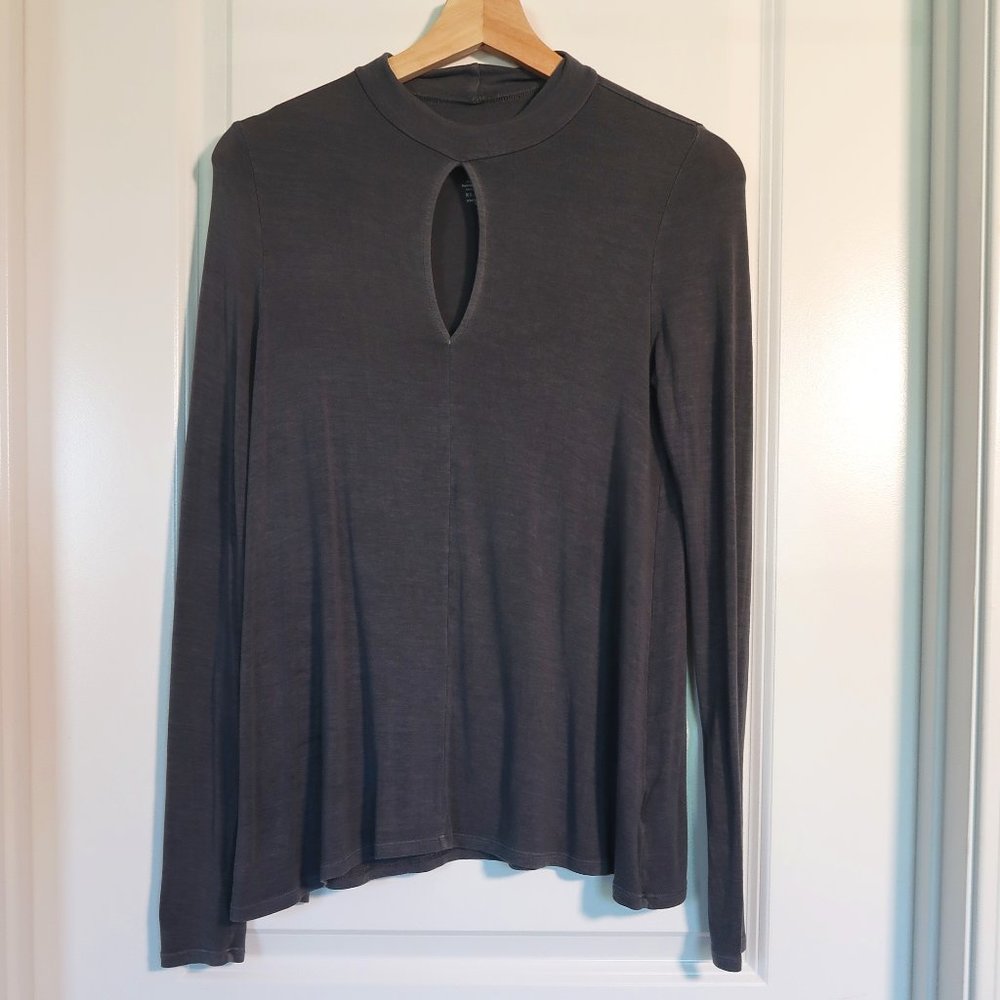 Mock Neck Gray Long Sleeve Top with Chest Cut Out